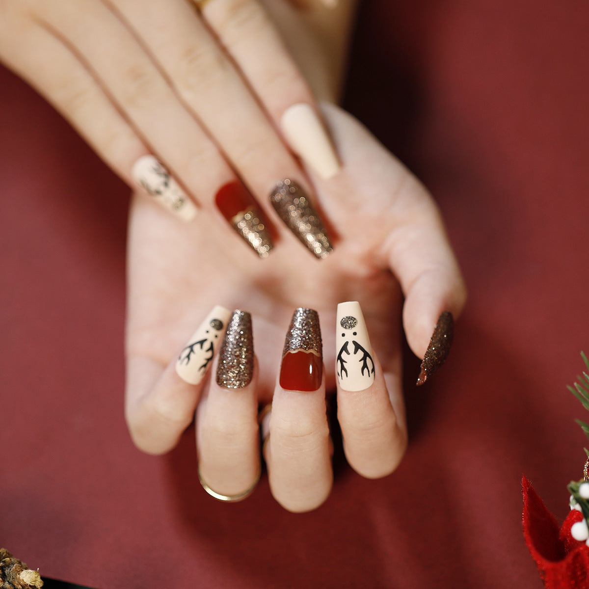 Christmas Designed Press On Nails Wholesale Short Long Coffin Square Xmas Nail Art Decoration Ballerina False Nail Tips