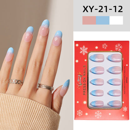 Wholesale 24Pcs/box Christmas Acrylic Press On Nails Private Label Short Round Blue Snow Stars Artificial False Nails Set