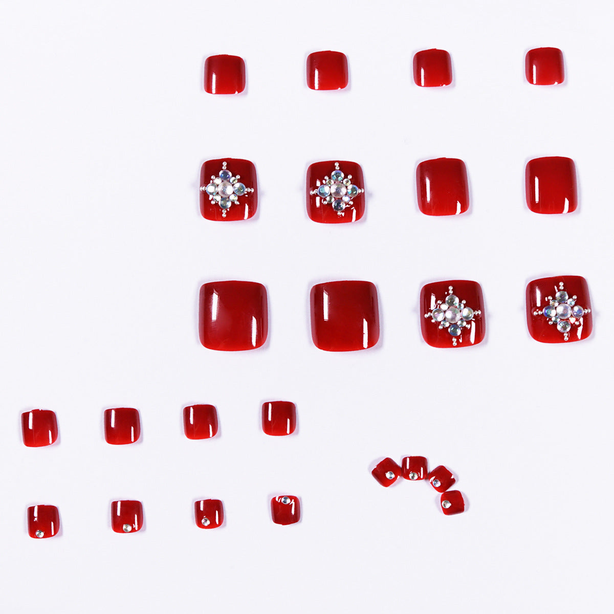 24pcs/box Nail Art Red Short Square Toe Nails Pink Fashion Rhinestones Press On Nails Tips