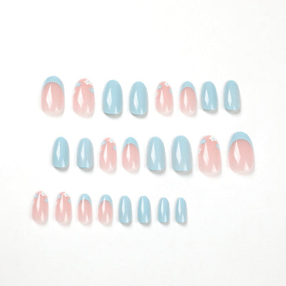 Wholesale Custom Glossy Design Almond Press On Nails French Blue Short Fake Nails