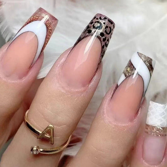 Wholesale Very Good False Nail Short Coffin French Tip Press On Nails Cheetah W096