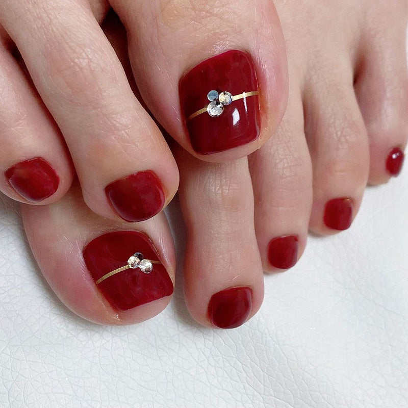 Low Moq Custom Nail Supplies Short Red Toenails Rhinestones Press On Toe Nail Tip