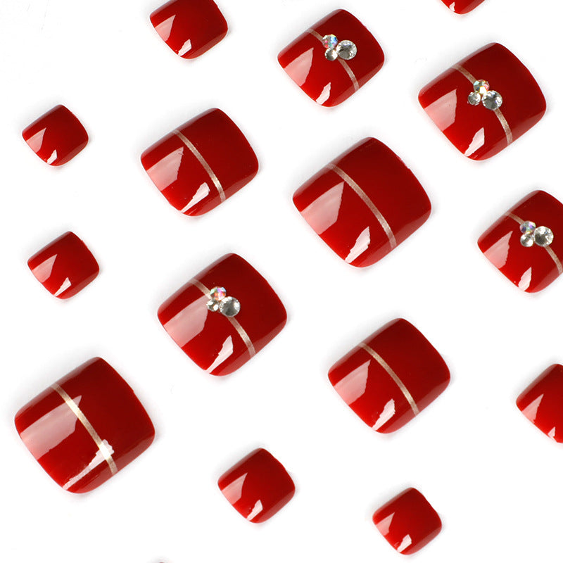 Low Moq Custom Nail Supplies Short Red Toenails Rhinestones Press On Toe Nail Tip