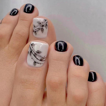 China Toenails Wholesale Faux Ongle Pied Black White Color Short Toe Press On Nails JP1654