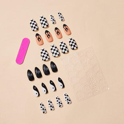 high quality almond press on nails tips wholesale flame checkerboard designer short press on nails reusable fake nails set