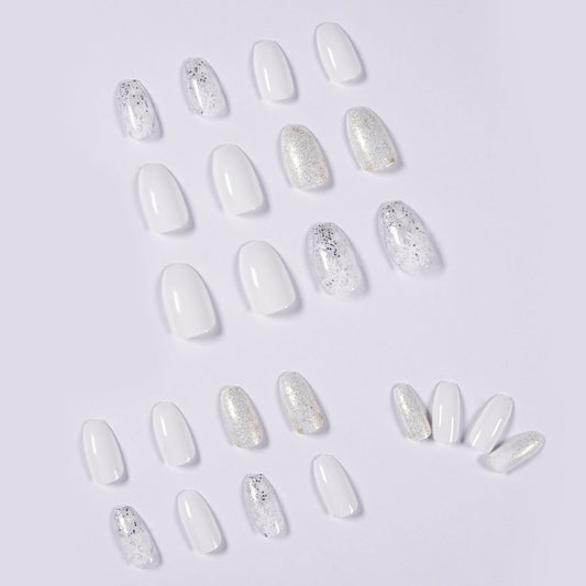 private label nail art false nail white snow coffin short nail press on with customize packages 24pcs box snow press on nails