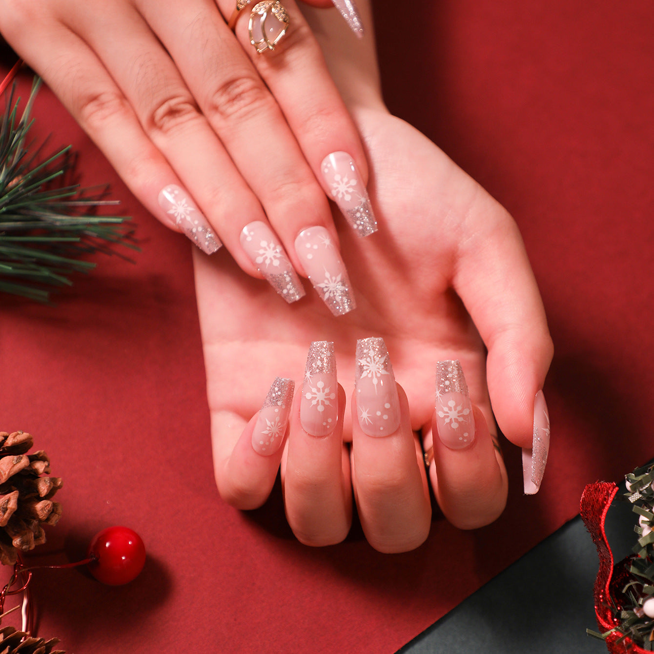 24Pcs/Box Short Square Press On Nails Christmas Gift Snow Snowflake Designer Acrylic Reusable Fake Nails Tips JP1898