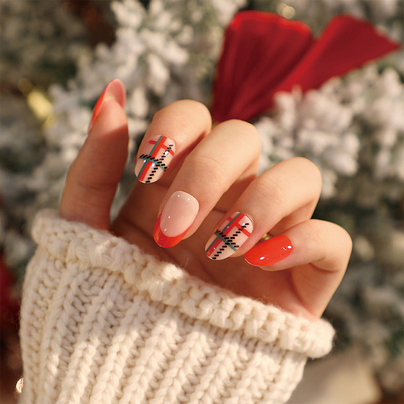 24Pcs/Box Short Square Press On Nails Christmas Gift Snow Snowflake Designer Acrylic Reusable Fake Nails Tips JP1895