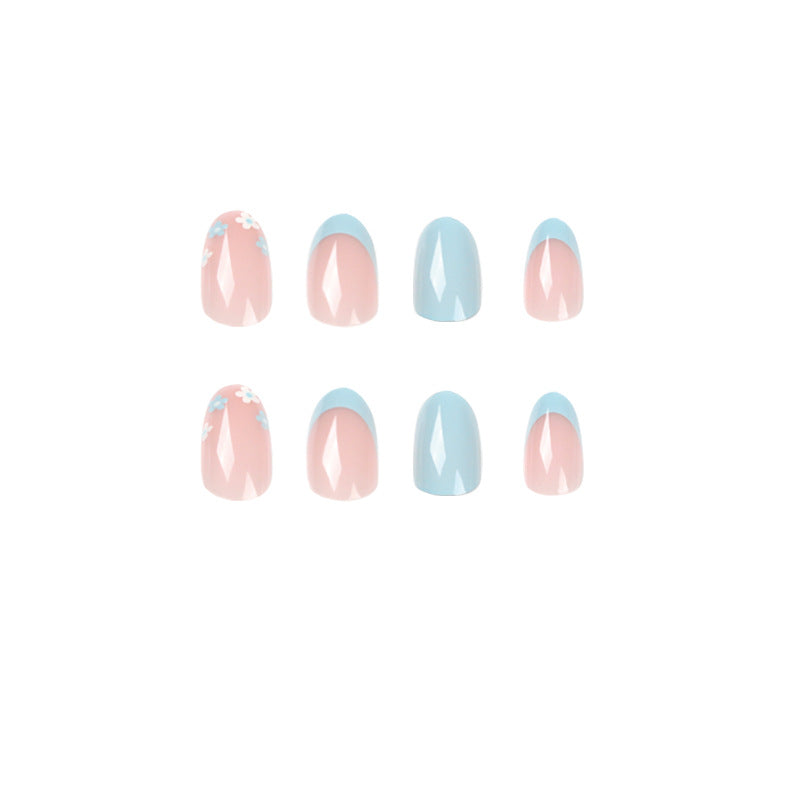 Wholesale Custom Glossy Design Almond Press On Nails French Blue Short Fake Nails