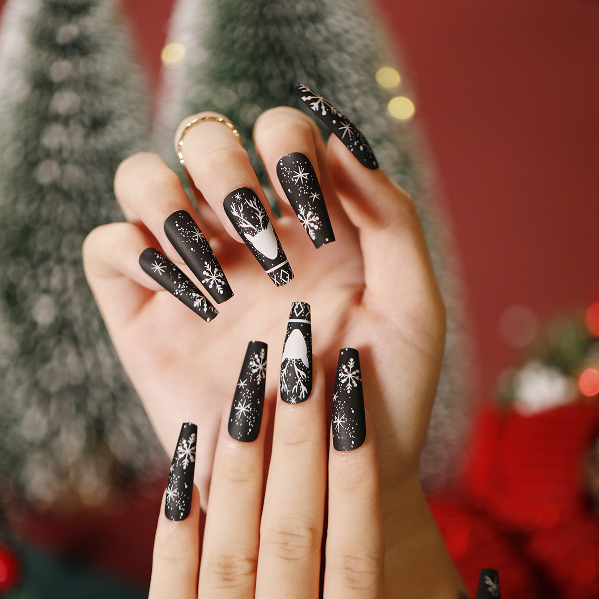 Christmas Designed Press On Nails Wholesale Short Long Coffin Square Xmas Nail Art Decoration Ballerina False Nail Tips JP1295