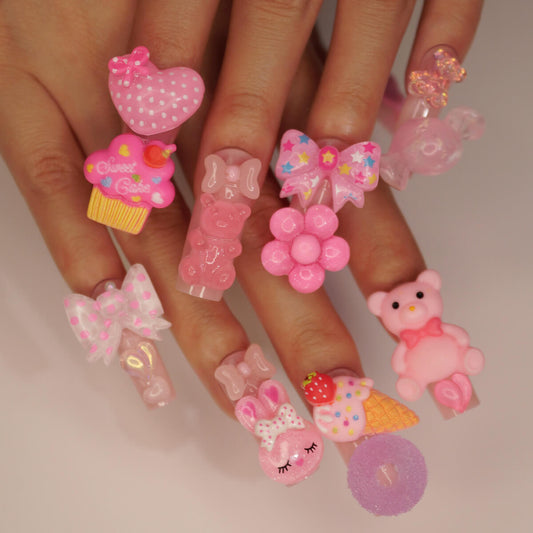 Kwaii Bear Flower Bow Tie Candy Long Press On Nails