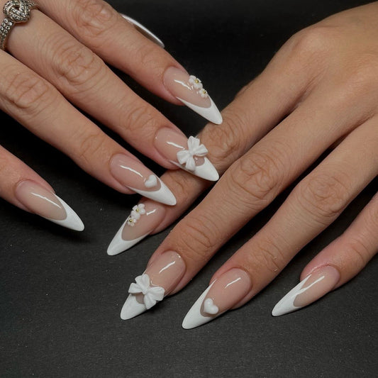 Elegant Bridal White Stiletto Nails with 3D Flowers