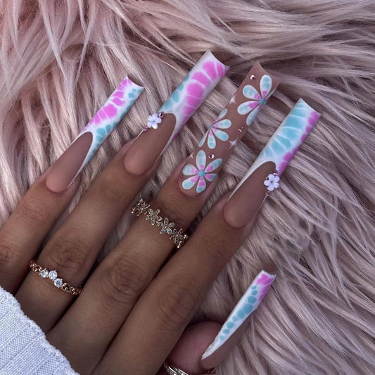 Dreamy Tie-Dye Floral Coffin Nails