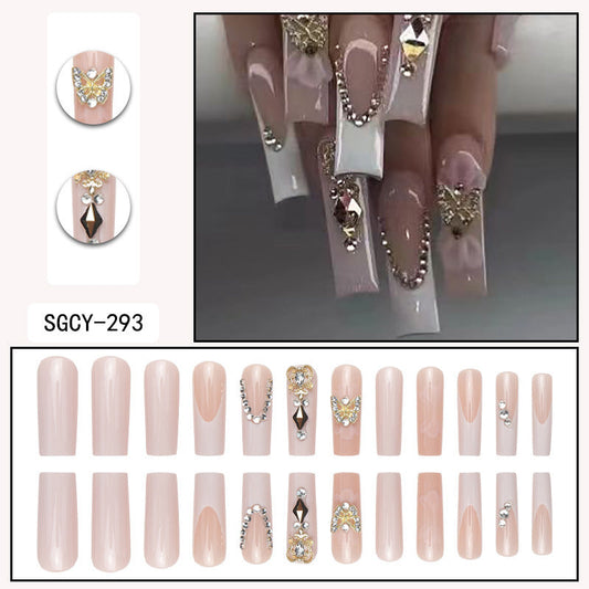 Elegant Long Coffin Nails with Rhinestone and 3D Flower Design