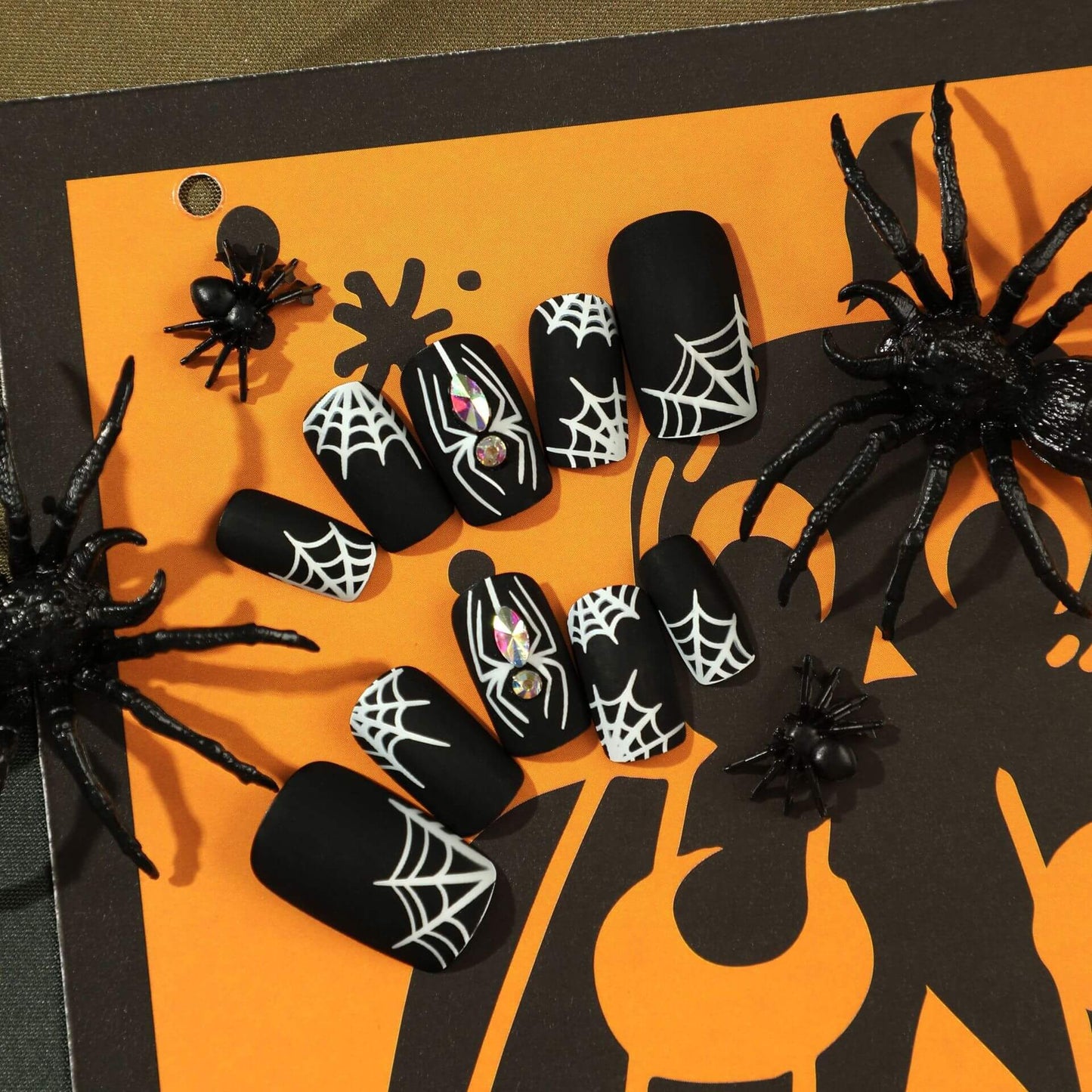 Matte Black Spider and Net Short Halloween Press On Nails