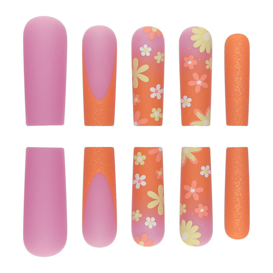 Vibrant Floral and Glitter Ombre Coffin Nails