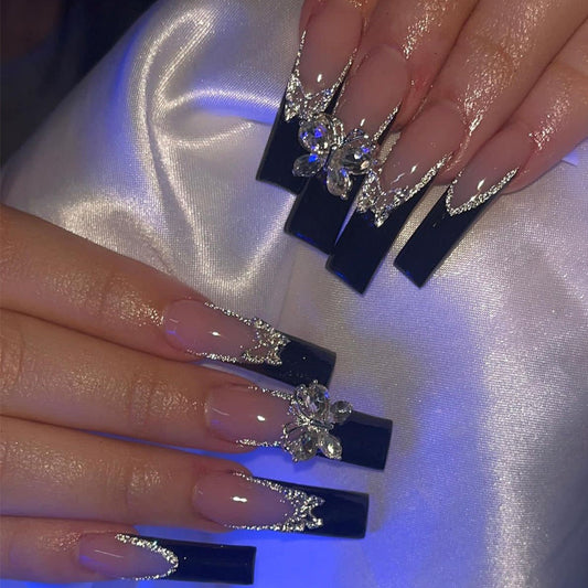 Midnight Glamour Coffin Nails with Crystal Embellishments