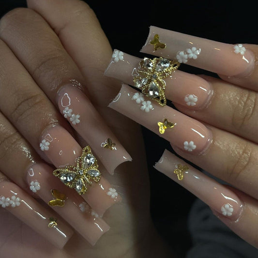 Enchanted Garden Coffin Nails with Golden Butterflies