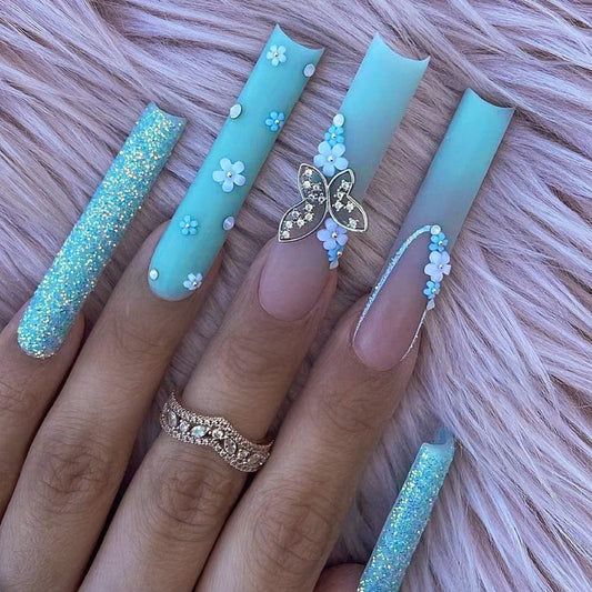 Dreamy Blue Floral and Butterfly Embellished Nail Art