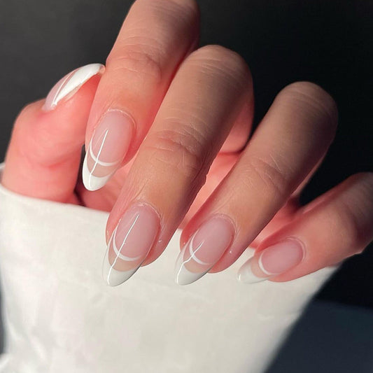 Minimalist White Swirl Almond Nails