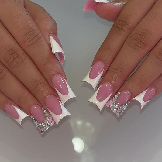 Pink Bliss French Tip Nails with Crystal Accents