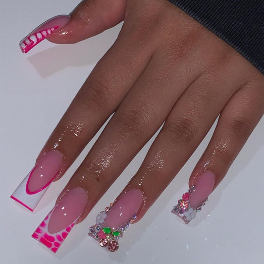 Luminous Pink Crystal Long Nails