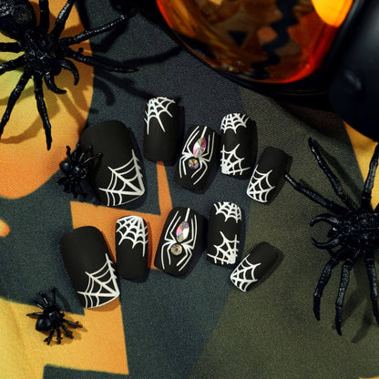 Matte Black Spider and Net Short Halloween Press On Nails