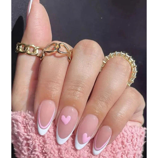 Sweetheart French Tip Almond Nails with Heart Accents