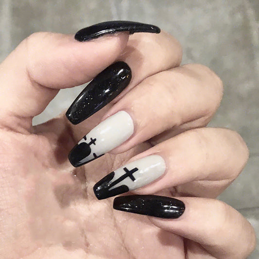 Gothic Cross Black and White Coffin Nails