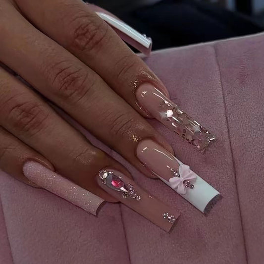 Chic Pink Bow and Rhinestone Coffin Nails