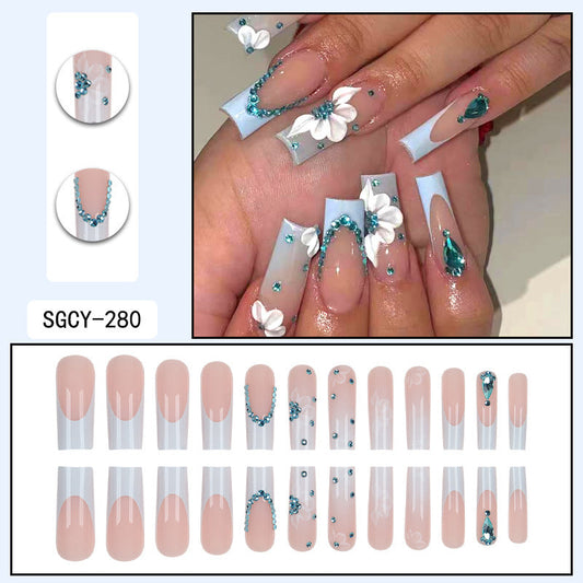 Aqua Bloom and Crystal Coffin Nails