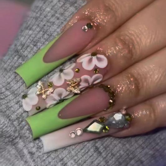 Elegant Green Floral and Rhinestone Coffin Nails