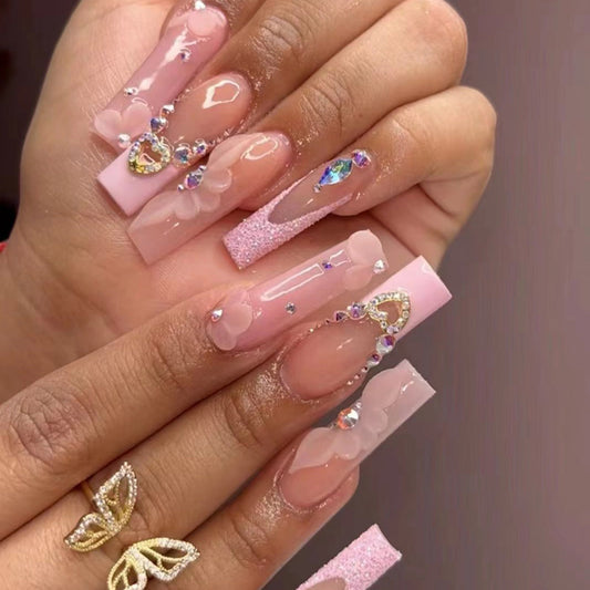 Glamorous Pink Rhinestone and Floral Nail Art