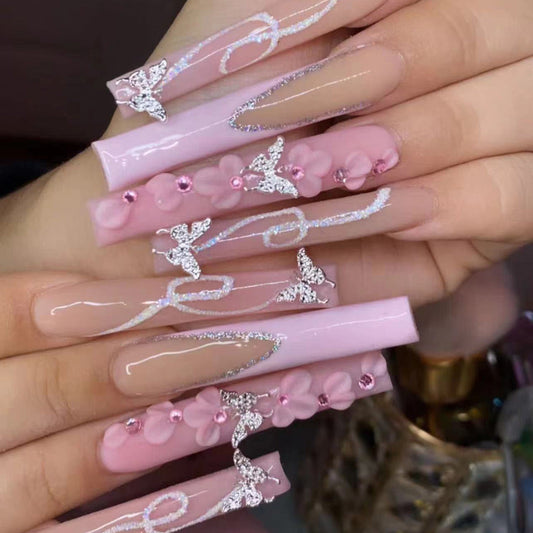 Elegant Pink Butterfly and Floral Embellished Nail Art