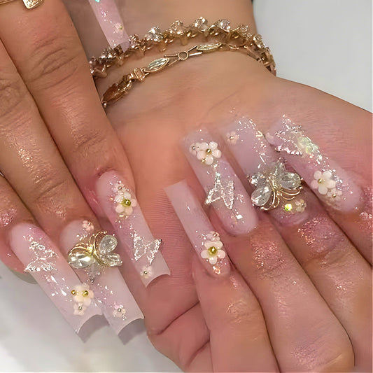 Luxurious Floral and Butterfly 3D Embellished Coffin Nails