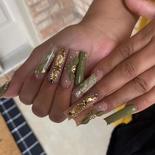 Elegant Olive Green Rhinestone Embellished Nail Art