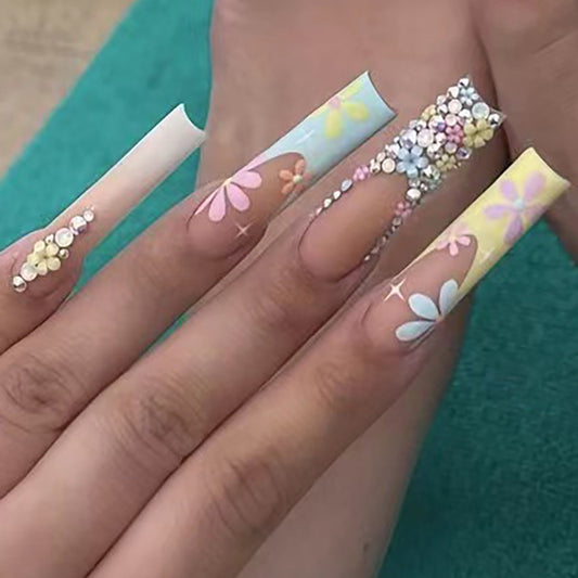 Pastel Flower and Rhinestone Coffin Nails SGCY-299