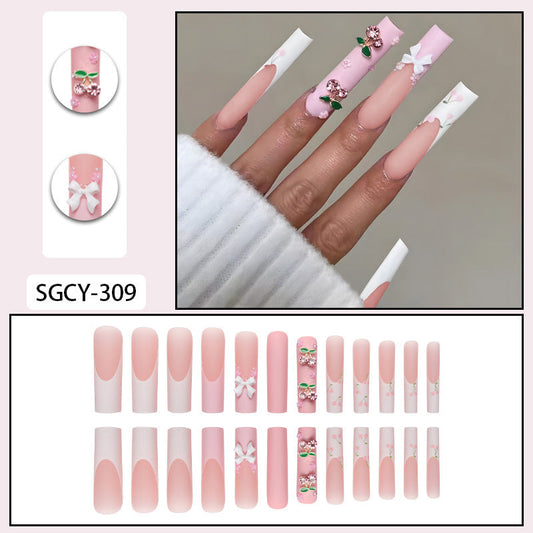 Charming Blossom Pink Coffin Nails with 3D Floral Embellishments