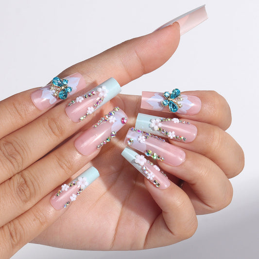 Pastel Blue Floral and Jewel Coffin Nails