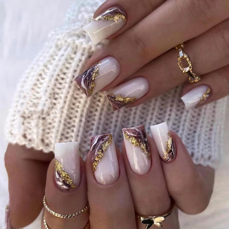 Marble Golden Glitter Short Square Press On Nails