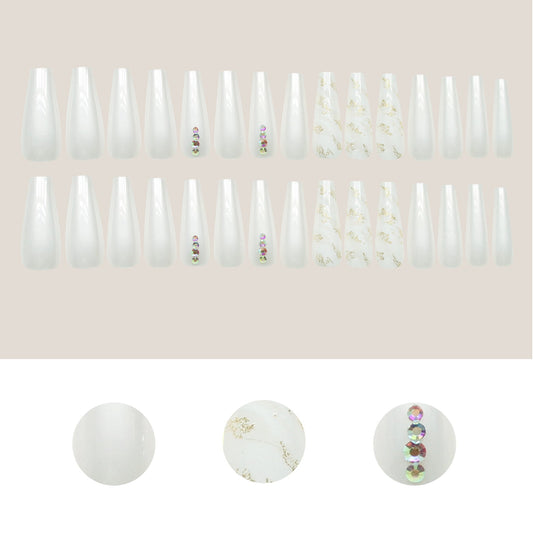 Fancy Long Ballerina Fake Nail White Colorful Rhinestone Press On Nail Packaging Box Artificial Nails As Picture