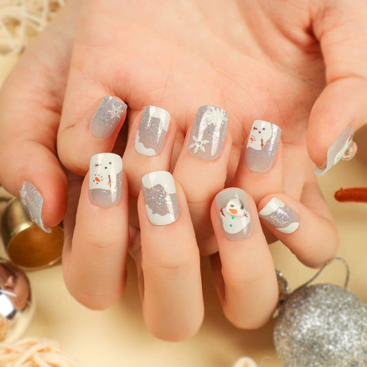 Joyful Snowman | Short Squoval Manicure | Press On Nails N486