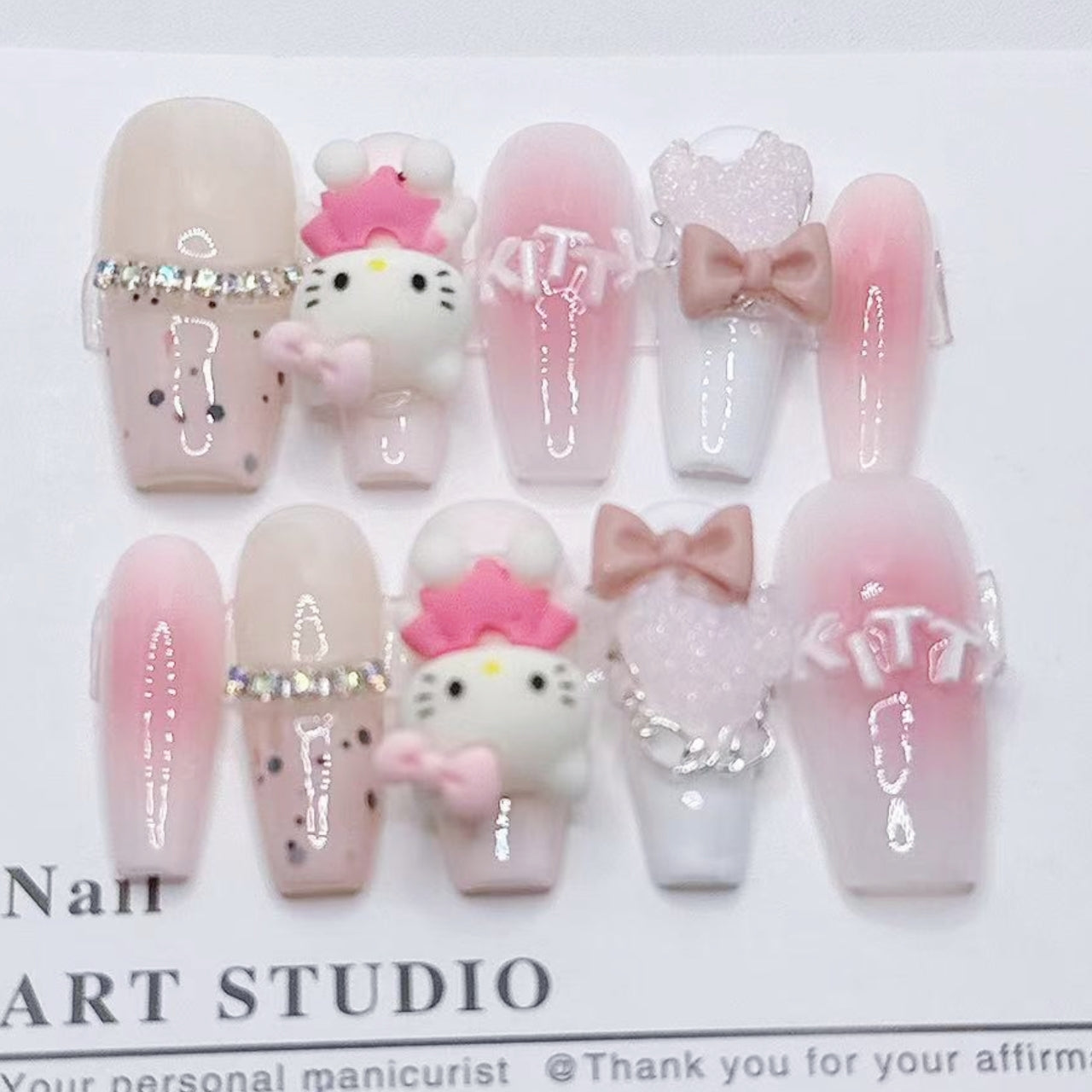 Endearing Hello Kitty |Long Short Coffin Manicure | Handmade Press on Nails H79