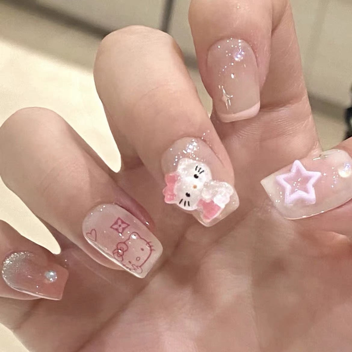 Endearing Hello Kitty |Long Short Coffin Manicure | Handmade Press on Nails H79