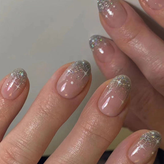 Shimmering Silver Tips| Short Almond Manicure | Press On Nails N337 Sliver Tip