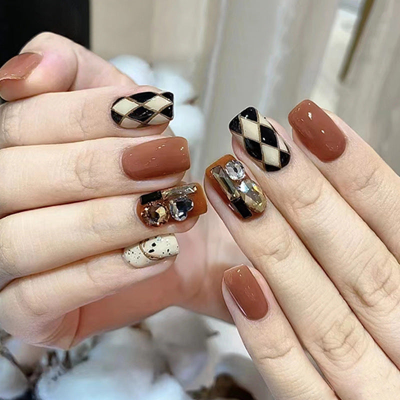 Fancy Rhinestone Brown Checkerboard| Short Squoval Manicure | Press On Nail