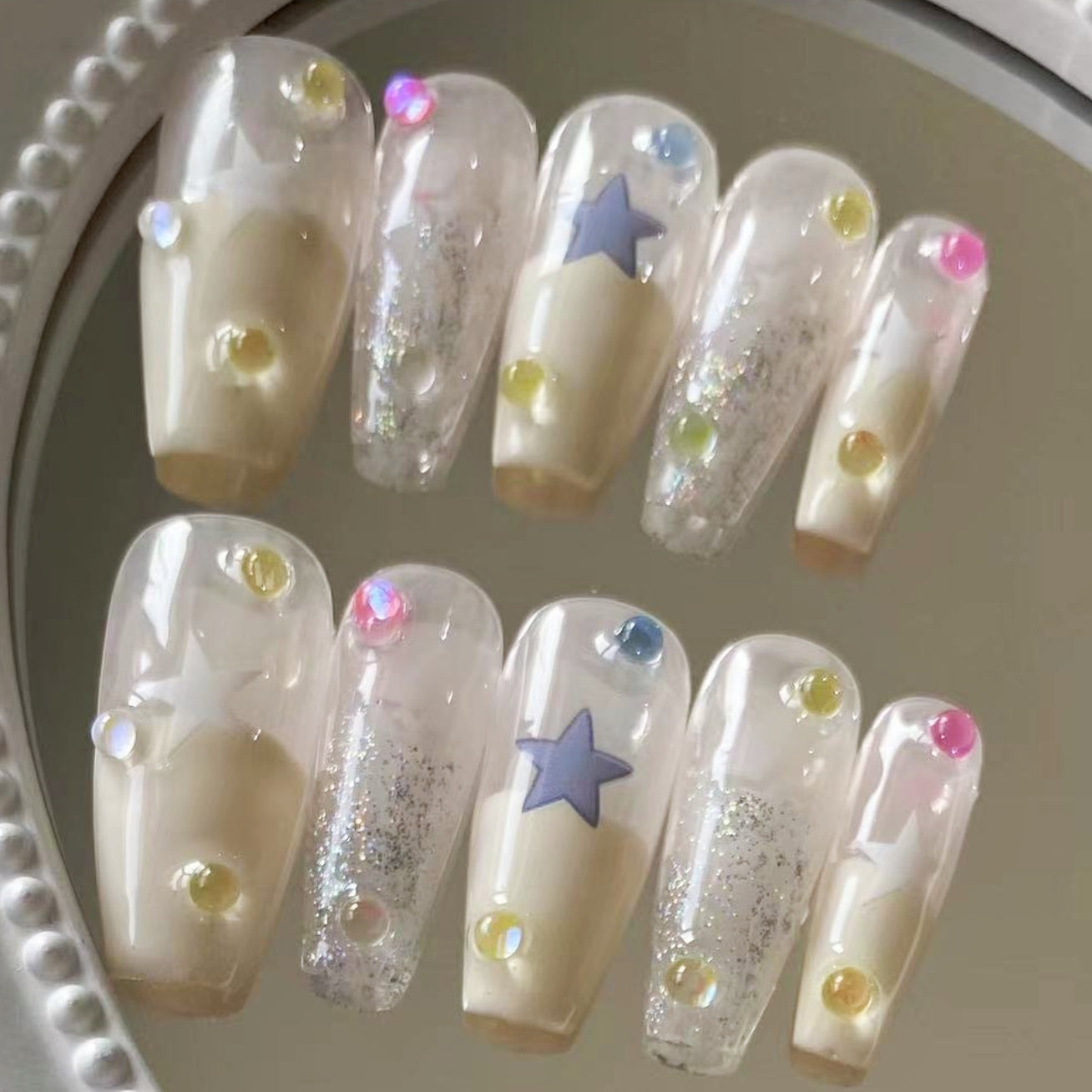 Glistening Y2K Stars| Long medium Short Coffin Manicure | Handmade Press on Nails H27