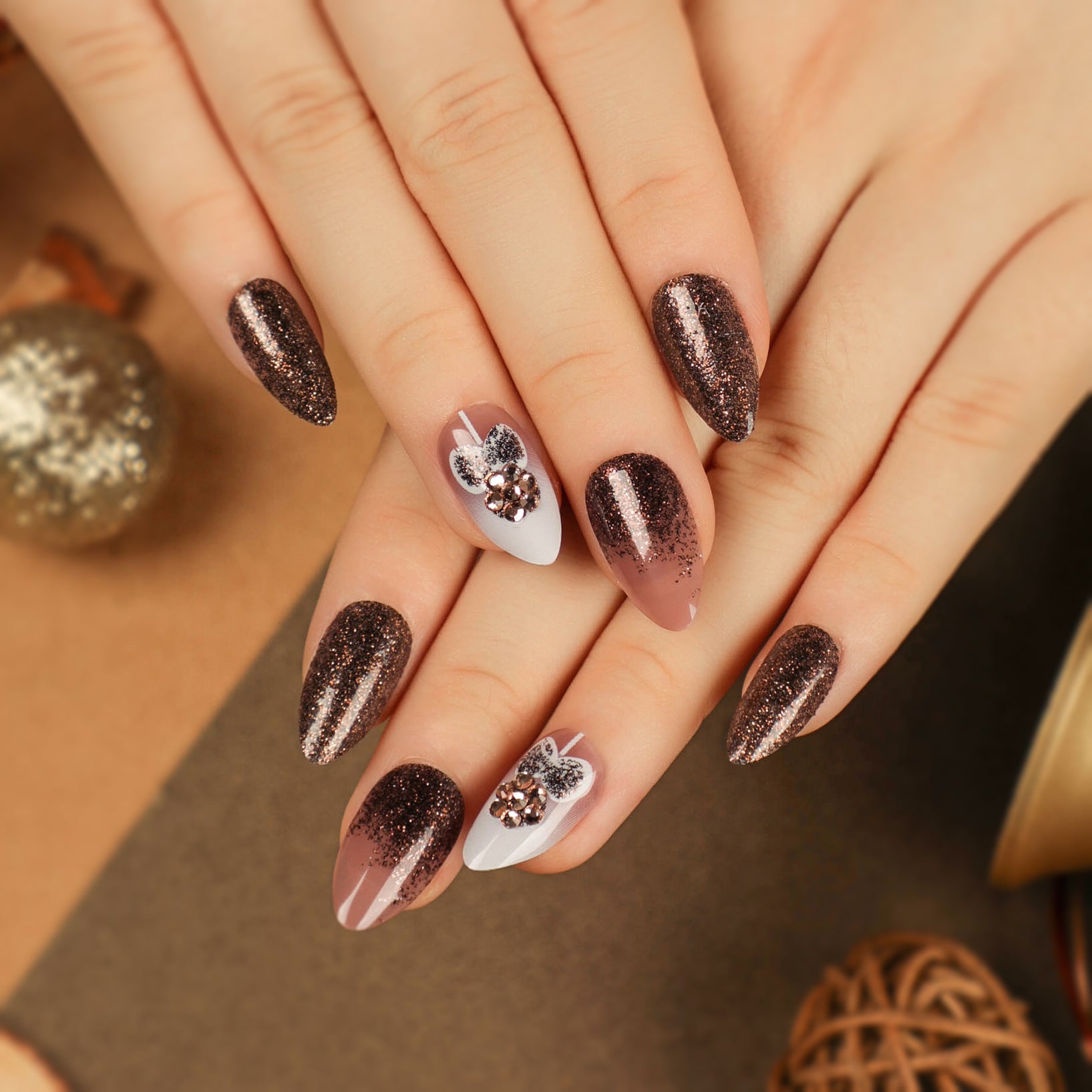 Glamorous Brown Symphony | Short Almond Manicure | Press On Nails N502