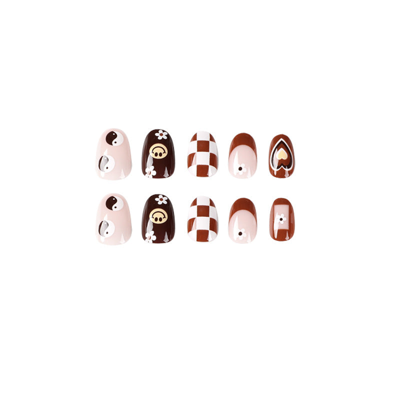 Retro Brown Happy Face| Short Almond Manicure | Press On Nails N415