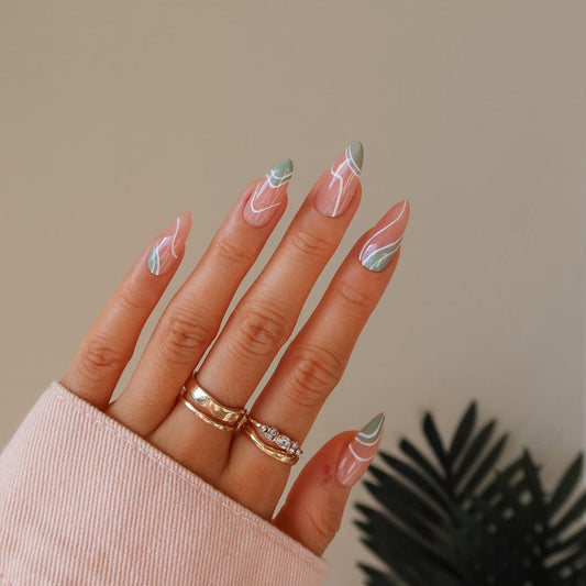 Serene Pastel Wave| Medium Almond Manicure | Press On Nails N621 Pink& Green